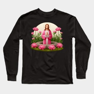 Jesus in Prayer Pink Lotus Flower Garden Long Sleeve T-Shirt